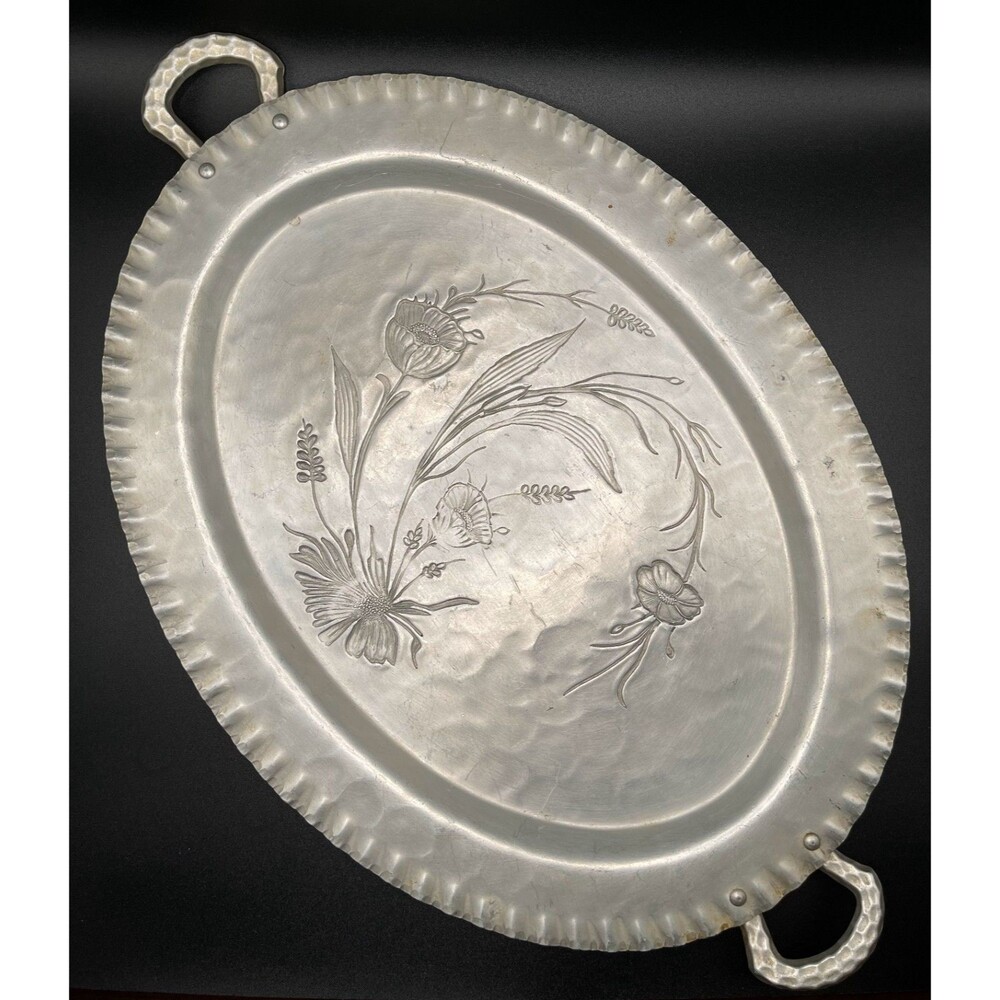Everlast Hand Forged Aluminum Floral Serving Platter 17” with Handles Vintage